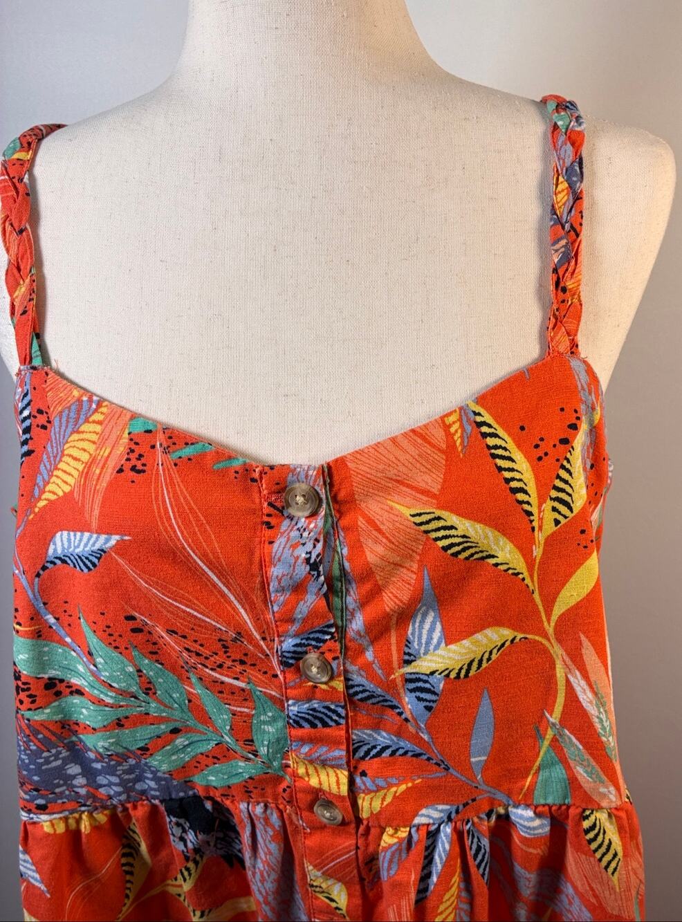 BeachLunchLounge Jadin Tropical Button Sundress XL Orange Braided Strap Tiered